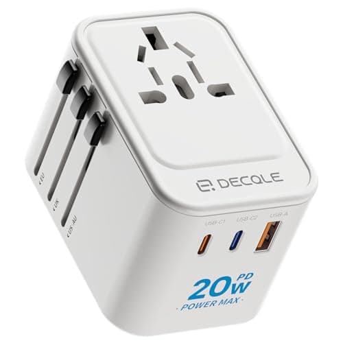 decqle Reseadapter över Hela världen, Universal Resekontakt med 2 USB-C(PD 20W), 1 USB-A och 1 AC-uttag, Internationell Uttagsadapter, Universaladapter för Tyskland, USA, England, Australien (Vit)